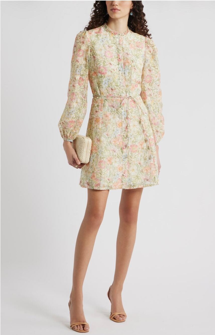 Chelsea 28 Floral Embroidered Mini Dress Large Puff Sleeve Tie Waist